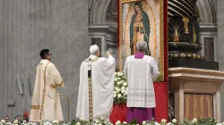 Pope Leo XIV honors Our Lady of Guadalupe during the Mass on her feast day, Dec. 12, 2025, in St. Peter’s Basilica at the Vatican. / Credit: Vatican Media