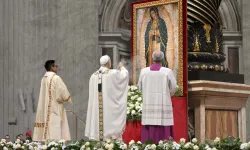 Pope Leo XIV honors Our Lady of Guadalupe during the Mass on her feast day, Dec. 12, 2025, in St. Peter’s Basilica at the Vatican. / Credit: Vatican Media