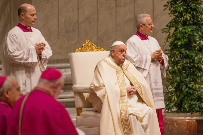 Pope Francis presides over First Vespers for the World Day for Consecrated Life flanked by monsignors at St. Peter's Basilica in Vatican City, Feb. 1, 2025.