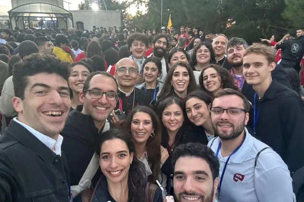 Joseph Karam (far left) arrived with his parents, his aunt and uncle, and a group of about 90 Lebanese-Americans from across the United States — all drawn by the significance of witnessing Pope Leo’s first international visit and experiencing it on Lebanese soil — for Pope Leo XIV’s visit to Lebanon from Nov. 30 to Dec. 2, 2025. / Credit: Photo courtesy of Joseph Karam