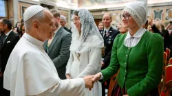 Pope Leo XIV greets pilgrims from Latvia on Nov. 24, 2025, at the Vatican. / Credit: Vatican Media