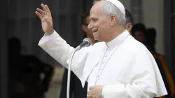 Pope Leo XIV, whose recent discourses will be published in a book on Aug. 27, waves during his Wednesday audience Aug. 20, 2025. / Credit: Vatican Media