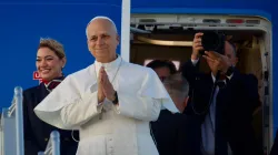 Pope Leo XIV boards the plane to depart on the first apostolic journey of his papacy to Turkey and Lebanon from Nov. 27 to Dec. 2, 2025. / Credit: Daniel Ibanez/CNA.