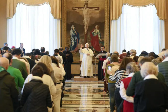 Pope Leo XIV meets with a group of pilgrims from St. Thomas of Villanova Parish in Alcalá de Henares, Spain, on Dec. 29, 2025, in the Apostolic Palace at the Vatican. | Credit: Vatican Media