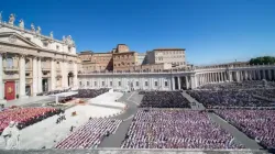 Aerial view of St. Peter’s Square filled with thousands of mourners including clergy and dignitaries gathered for Pope Francis’ funeral Mass under a clear blue sky on April 26, 2025, in Vatican City. | Credit: Daniel Ibáñez/EWTN News