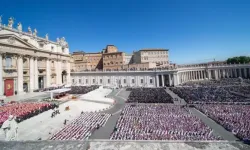 Aerial view of St. Peter’s Square filled with thousands of mourners including clergy and dignitaries gathered for Pope Francis’ funeral Mass under a clear blue sky on April 26, 2025, in Vatican City. | Credit: Daniel Ibáñez/EWTN News