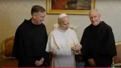 Pope Leo XIV accepts the Medal of St. Augustine from Father Robert P. Hagan, OSA, prior provincial of the Augustinian Province of St. Thomas of Villanova (right) and Father Joseph Farrell, OSA, vicar general of the Order of St. Augustine (left) in a video released on Aug. 28, 2025. / Credit: Screenshot from the YouTube page of the Augustinian Province of St. Thomas of Villanova