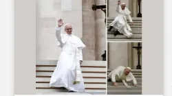 AI-generated photographs of Pope Leo XIV appearing to fall down a flight of stairs outside St. Peter’s Basilica circulated on the internet in June. / Credit: CNA/Screenshot
