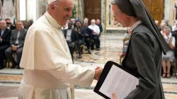 Pope Francis greets Sister Simona Brambilla, superior general of the Consolata Missionary Sisters, on June 5, 2017 in Clementine Hall at the Vatican. | Credit: L’Osservatore Romano