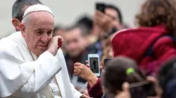Pope Francis greets pilgrims before his general audience Feb. 26, 2020. | Daniel Ibanez/CNA.