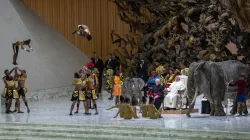 Pope Francis watches as performers put on a show at his general audience on Wednesday, Jan. 8, 2025, in Paul VI Hall at the Vatican. / Credit: Daniel Ibañez/CNA