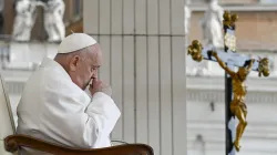 Pope Francis prays during his Wednesday general audience in St. Peter’s Square at the Vatican on April 24, 2024. / Credit: Vatican Media