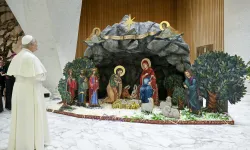 Pope Leo admires the Nativity scene that was made in Costa Rica. / Credit: Vatican Media