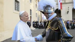 Pope Leo XIV greets a member of the Swiss Guard during a swearing-in ceremony at the Vatican, Saturday, Oct. 4, 2025 / Credit: Vatican Media