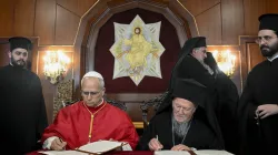 Pope Leo XIV and Ecumenical Patriarch Bartholomew I of Constantinople sign a joint declaration at the Palace of the Ecumenical Orthodox Patriarchate in Istanbul, Turkey, on November 29, 2025. / Vatican Media