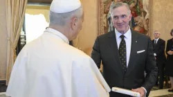 Pope Leo XIV shakes hands with Knights of Columbus Supreme Knight Patrick Kelly during an audience with Knights of Columbus leadership at the Vatican on Oct. 6, 2025. / Credit: Vatican Media