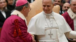 Pope Leo XIV greets a prelate during his meeting with the Roman Rota on Jan. 26, 2026. | Credit: Vatican Media