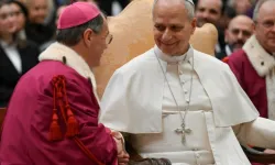 Pope Leo XIV greets a prelate during his meeting with the Roman Rota on Jan. 26, 2026. | Credit: Vatican Media