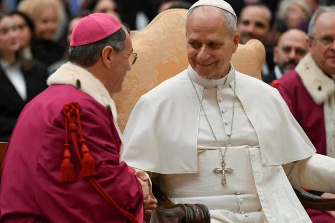 Pope Leo XIV greets a prelate during his meeting with the Roman Rota on Jan. 26, 2026. | Credit: Vatican Media