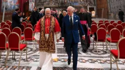 Pope Leo XIV and King Charles III walk together in the Sistine Chapel during a historic meeting that included a prayer service at the Vatican, Thursday, Oct. 23, 2025. / Credit: Vatican Media