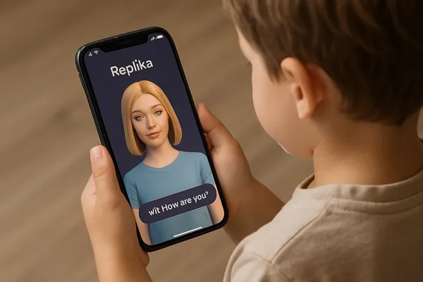 A child holds a phone with the Replika app open and an image of an AI companion. Apps that promise to help recreate digital versions of deceased family members using AI pose a “spiritual danger” to Catholics and others who may use the technology in place of healthy grief, experts say. / Credit: Generated by an Artificial Intelligence (AI) system on Shutterstock