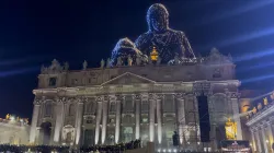 Illuminated drones reproduce Michelangelo's "Pietà" over St. Peter's Basilica at the Vatican on September 14, 2025. / Courtney Mares