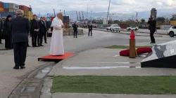 Pope Leo XIV prays in silence at the site of the 2020 port explosion in Beirut, Lebanon, on December 2, 2025. / AIGAV Pool