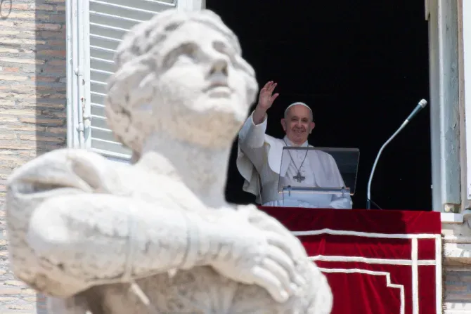 Pope Francis waves during an Angelus address at the Vatican./ Vatican Media.