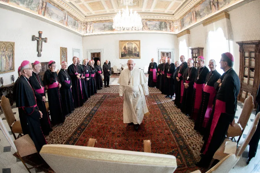 Pope Francis meets with a group of French bishops on their ad limina visit to Rome, Oct. 1, 2021. Vatican Media.
