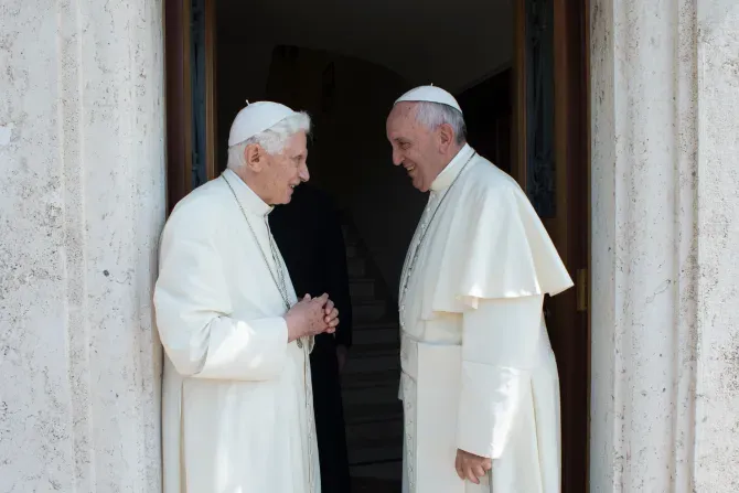 Pope Francis visits Pope Emeritus Benedict XVI at the Mater Ecclesiae monastery in Vatican City to exchange Christmas greetings Dec. 23, 2013. | Vatican Media