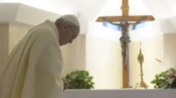 Pope Francis celebrates Mass in the chapel of the Casa Santa Marta May 8, 2020. Credit: Vatican Media.