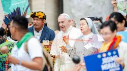 Pope Francis with pilgrims and participants as the 2019 Synod of Bishops on the Amazon opens Oct. 7, 2019 in Rome. Credit: Daniel Ibanez/CNA