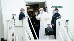 Pope Francis boards the papal plane before a visit to Iraq March 5, 2021. Daniel Ibanez/CNA