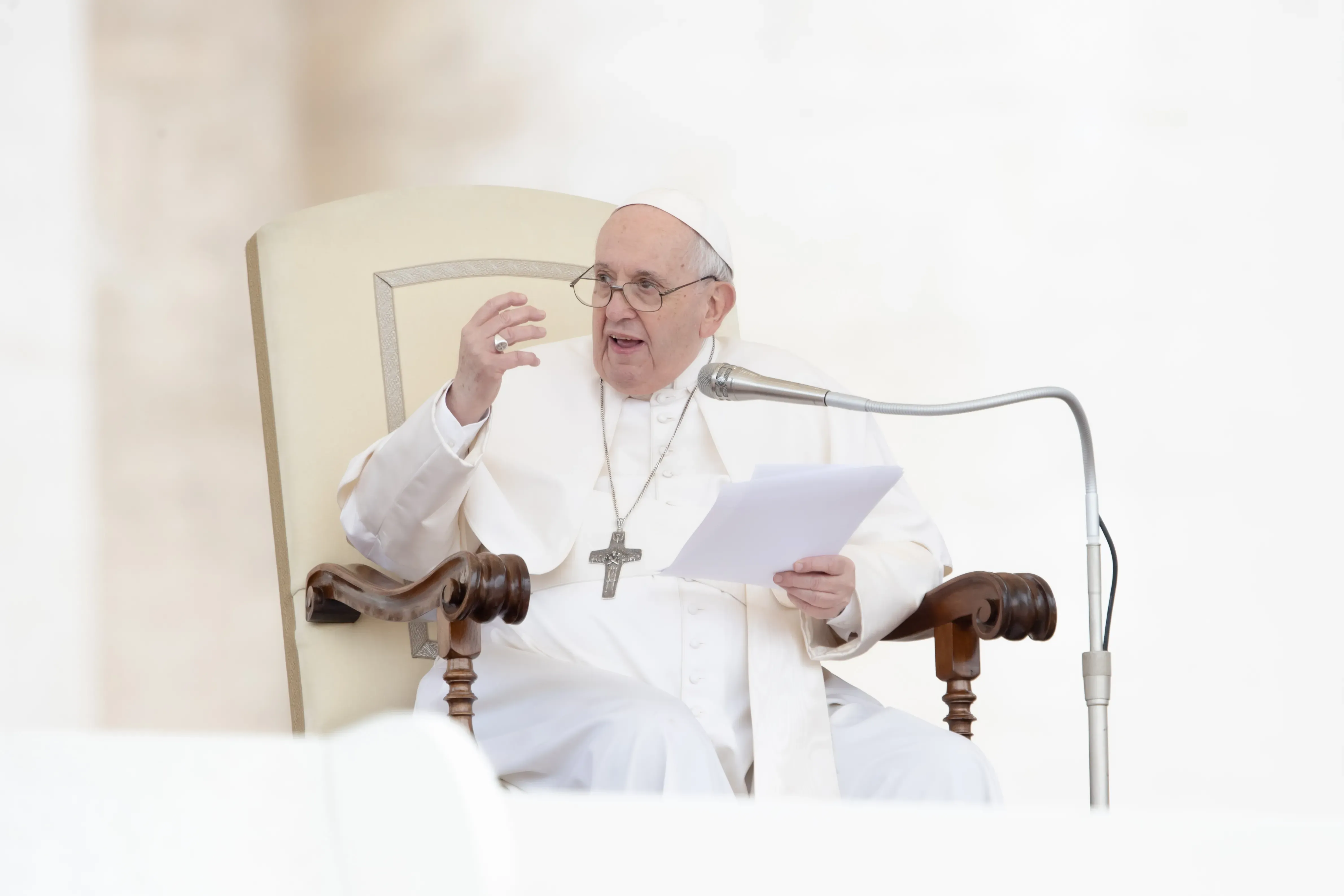Pope Francis speaks at the general audience in St. Peter's Square on May 4, 2022. Daniel Ibanez/CNA