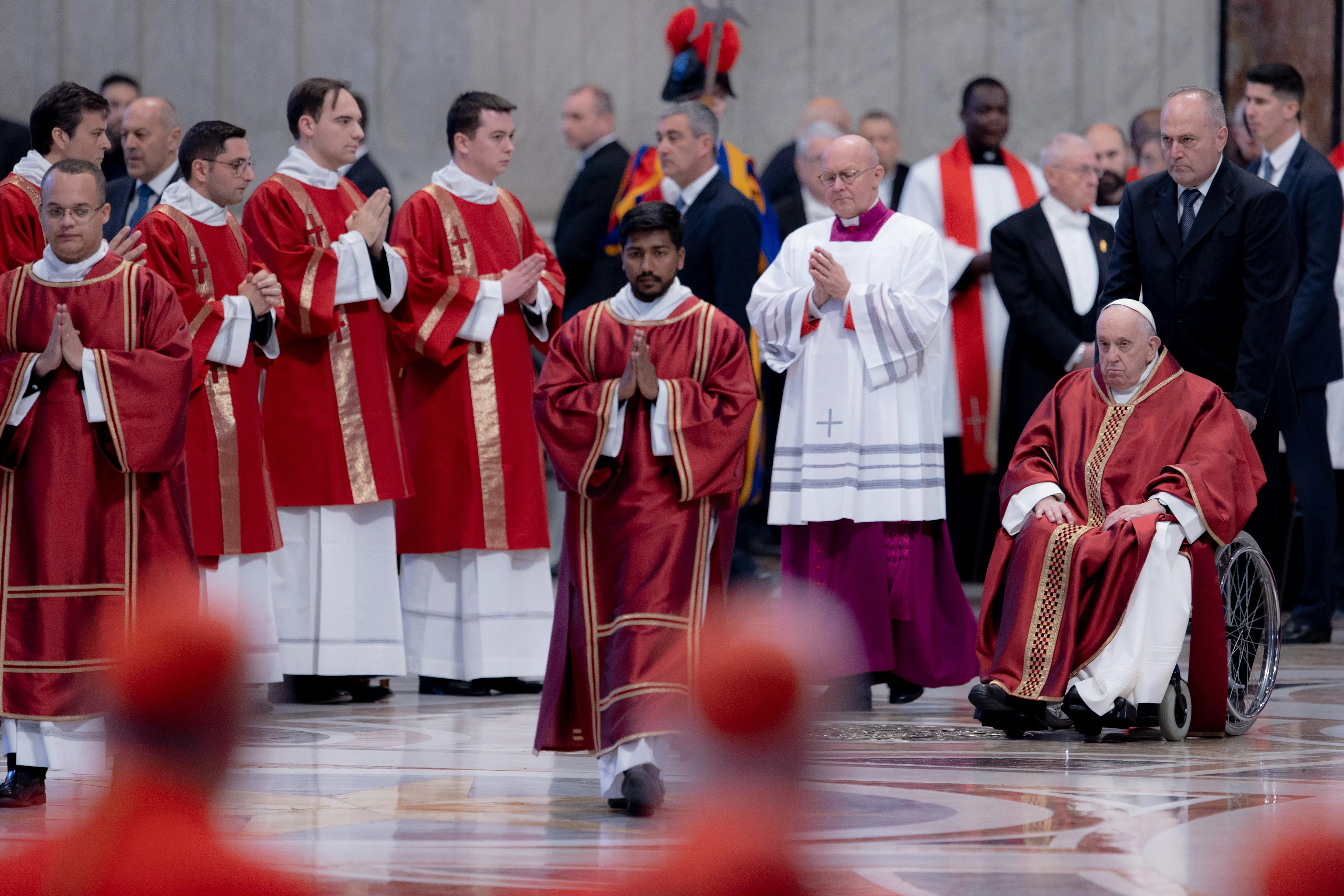 Pope Francis arrives at the Liturgy of the Lord’s Passion in St. Peter's Basilica on Good Friday on April 7, 2023. / Credit: Daniel Ibanez/CNA
