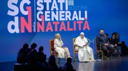 Pope Francis shared a stage with Italy's Prime Minister Giorgia Meloni on May 12, 2023, to speak at a two-day conference on “The General State of the Birth Rate,” held at Conciliazione Auditorium close to the Vatican. | Daniel Ibanez/CNA