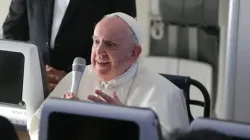 Pope Francis takes questions from members of the press on the flight to Rome from Bahrain. | Alexey Gotovsky/EWTN