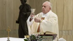 Pope Francis celebrates Mass for the Feast of St. Joseph the Worker in the chapel of Casa Santa Marta May 1, 2020. Credit: Vatican Media.