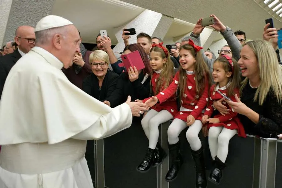 Pope Francis greets families of Vatican City employees Dec. 21, 2017. Credit: Vatican Media.