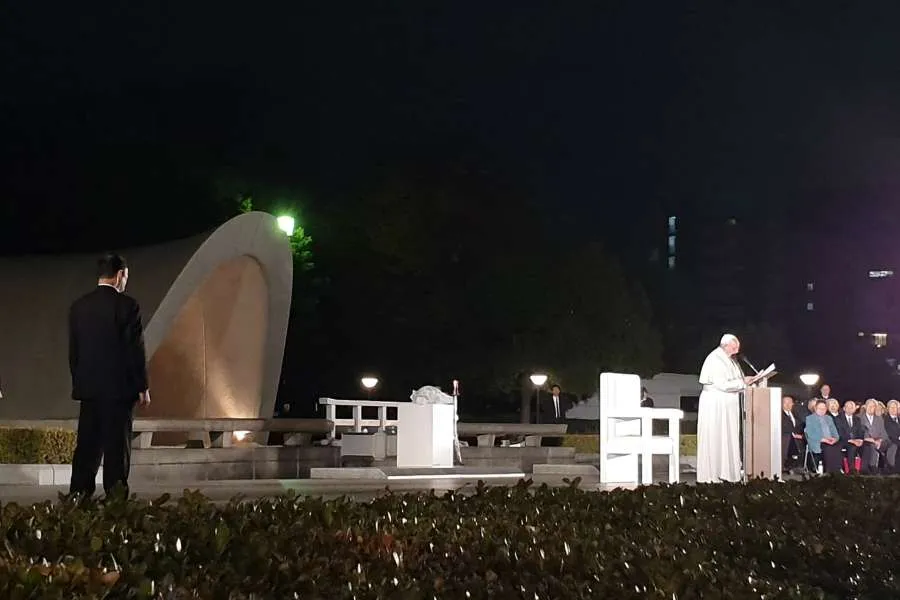 Pope Francis speaks at Peace Memorial Park in Hiroshima, Japan. Credit: Hannah Brockhaus/CNA.