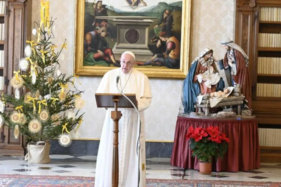 Pope Francis delivers his Angelus address in the library of the Apostolic Palace Dec. 27, 2020. Credit: Vatican Media.