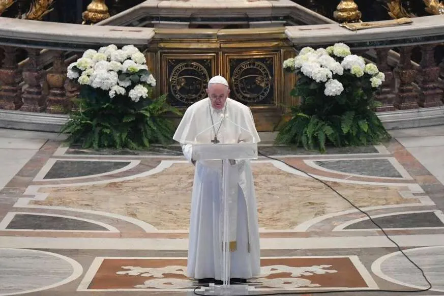 Pope Francis gives his Easter message before the Urbi et Orbi blessing on April 12, 2020. Credit: Vatican Media/CNA.