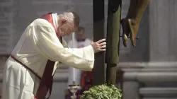 Pope Francis prays by the crucifix in St. Peter's Basilica April 10, 2020. Credit: Vatican Media.