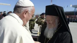 Pope Francis and Patriarch Bartholomew I in Greece, April 16, 2016. Credit: Vatican Media.