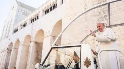 Pope Francis waves from the popemobile in Bari, Italy Feb. 23, 2020. Credit: Daniel Ibanez/CNA.