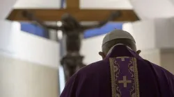 Pope Francis stands in front of the crucifix in the chapel of the Casa Santa Marta April 4, 2020. Credit: Vatican Media.