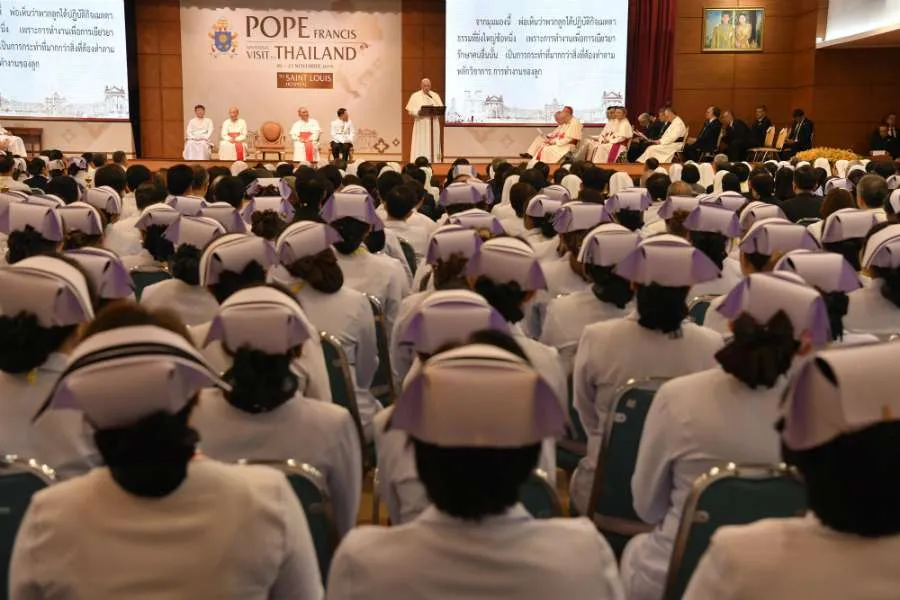 Pope Francis addresses medical personnel at St. Louis Catholic Hospital in Bangkok, Thailand Nov. 21, 2019. Credit: Vatican Media