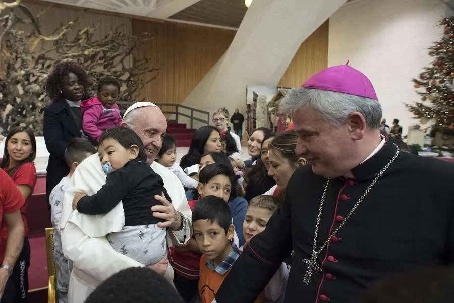 Pope Francis with children of the Santa Marta Dispensary in 2017. Credit: Vatican Media.