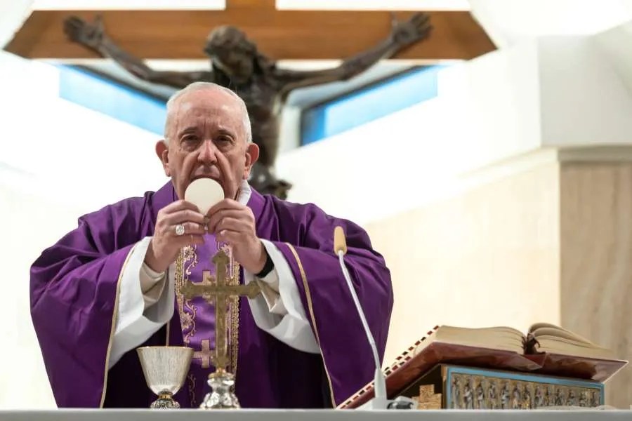 Pope Francis offers Mass in Casa Santa Marta on March 10, 2020. Credit: Vatican Media/CNA.