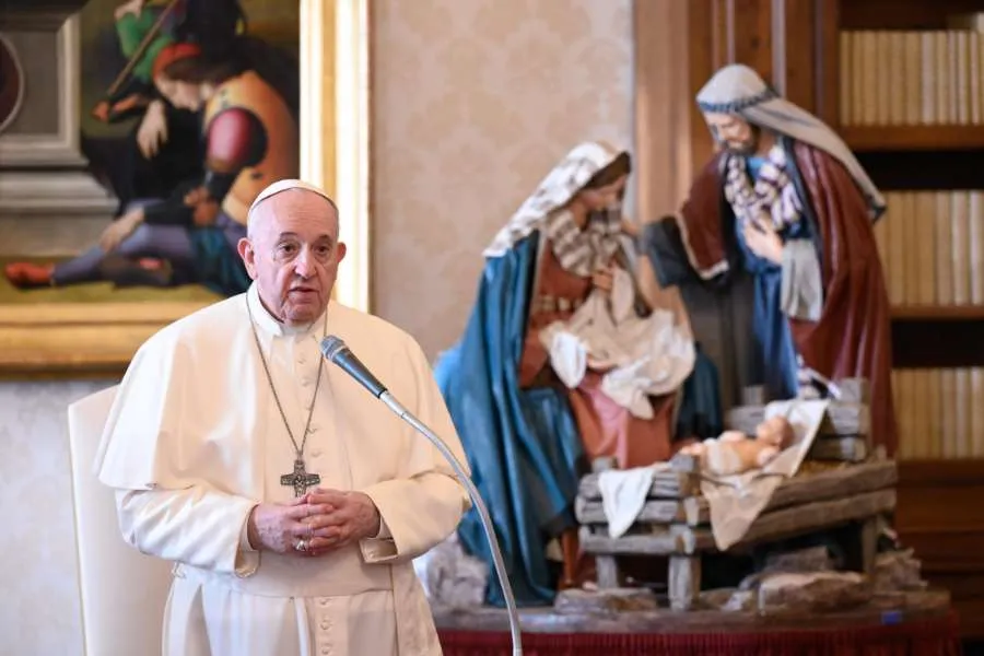 Pope Francis speaks during a general audience in the library of the Apostolic Palace. Credit: Vatican Media.